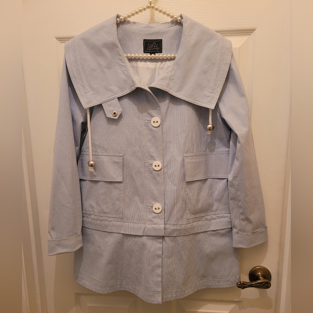 UBU White and Blue Pinstripe Trench Coat unique vintage buttons & pockets